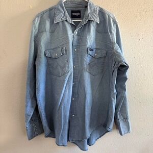 Sun faded Wrangler Mens Western Denim Shirt Light Wash Pearl Snap XL Cowboy